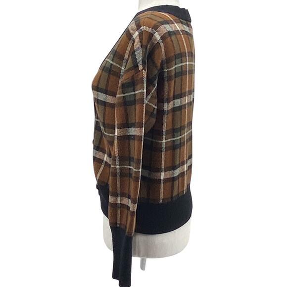 Marled Medium Plaid Button Cardigan Brown Black V-Neck Long Sleeve Soft Stretch - Picture 2 of 13